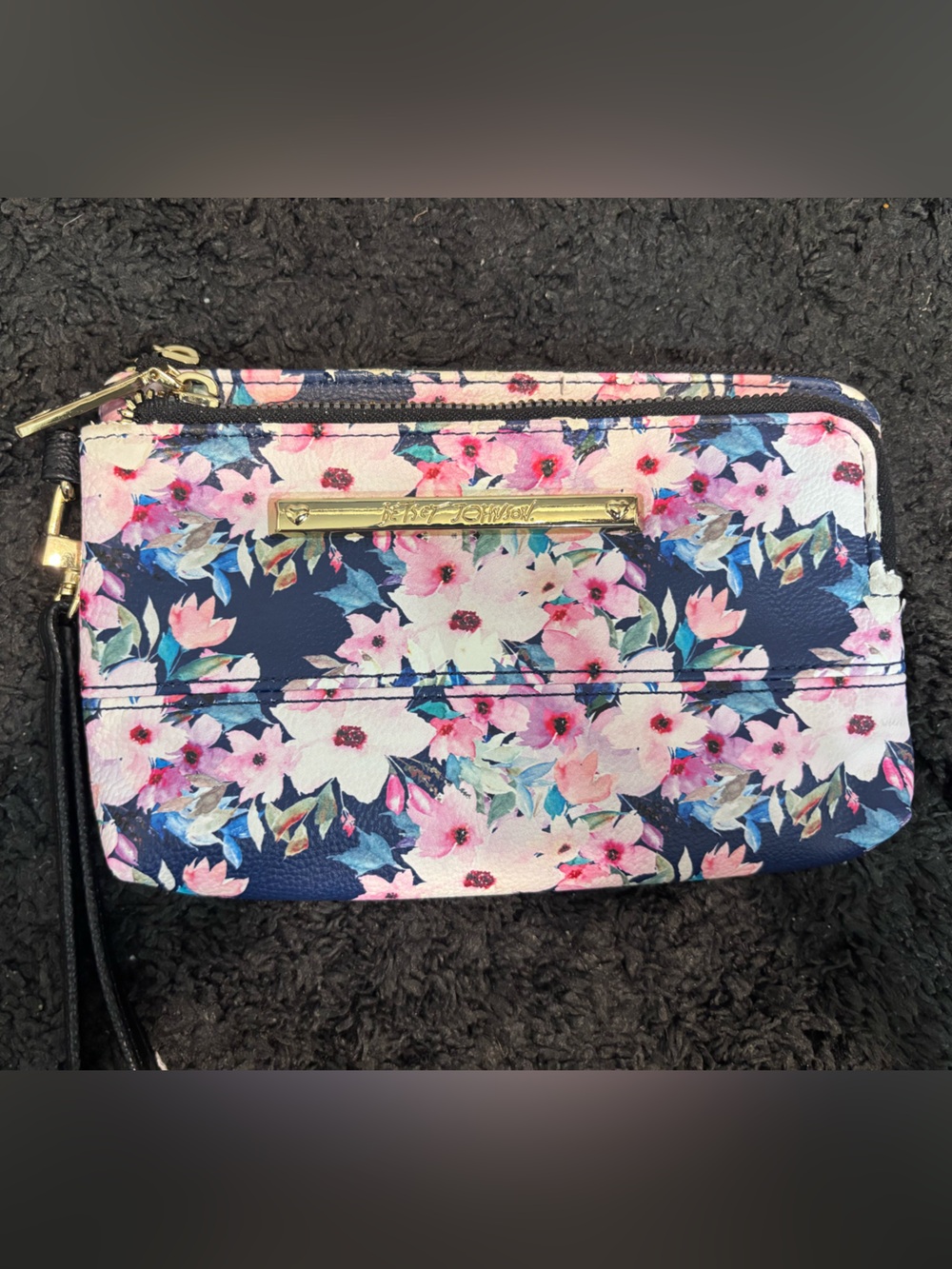 Betsey Johnson Navy Floral Wristlet Wallet with Pink Accents